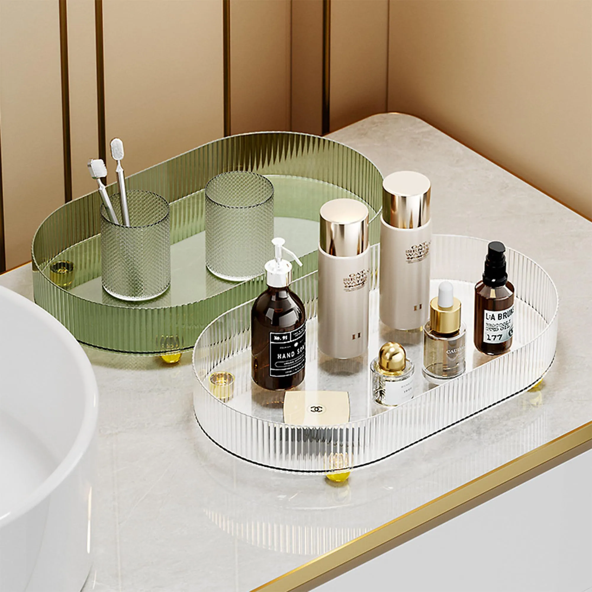 Kuber Industries Pack of 2 Multipurpose Decorative Tray | Makeup Organiser, Bathroom Vanity Tray, Dresser Tray, Kitchen Countertop Organiser Tray | Anti Slip and Decorative | YM.6403 | Dark Green
